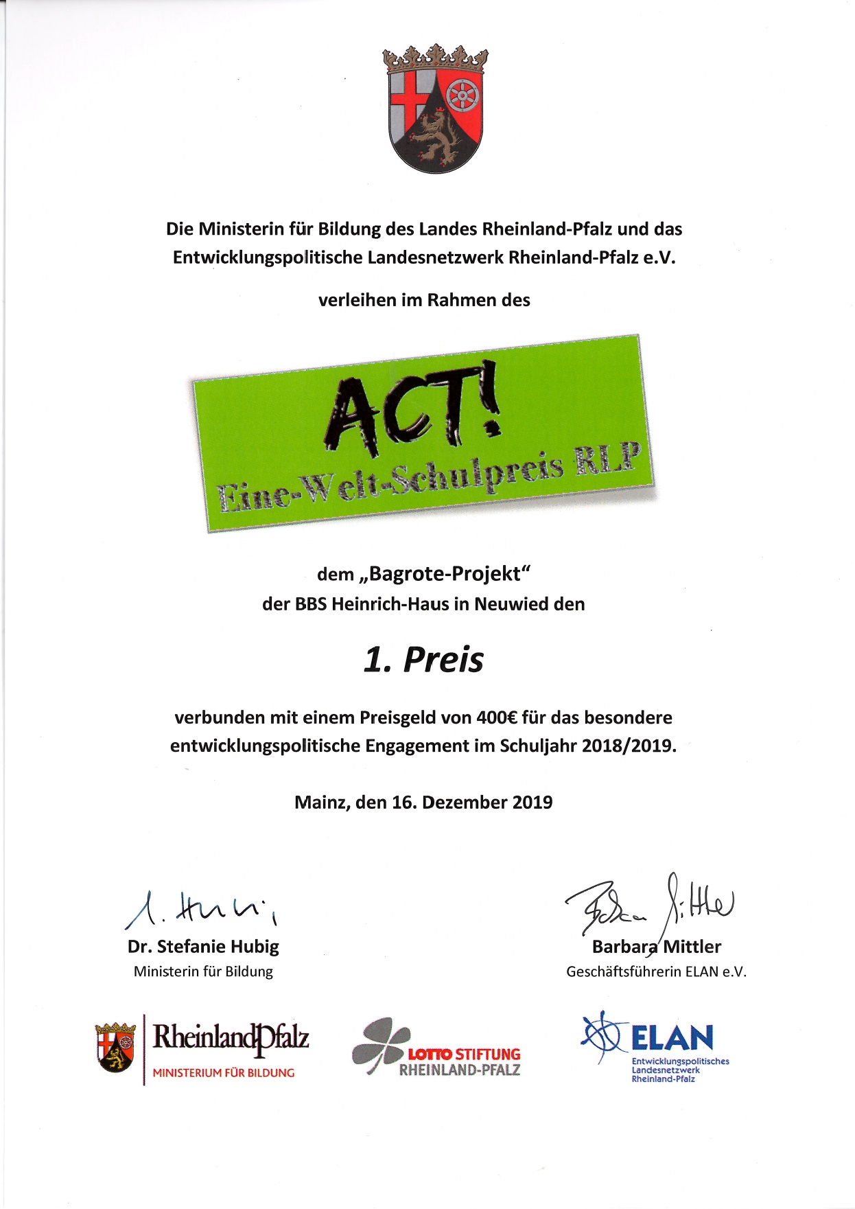 ACT Schulpreis-Urkunde